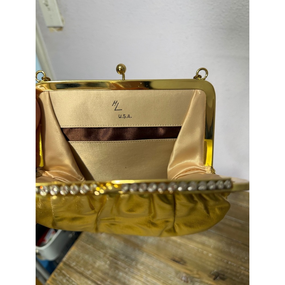 Vintage HL USA Gold Metallic Evening Bag Rhinestone Frame Kiss Lock Clutch Chain - Picture 4 of 8